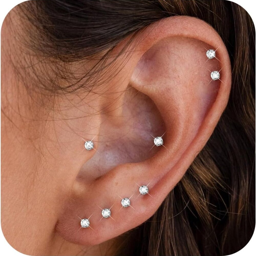 6 Pairs Tiny 2mm Stainless Steel Stud Earrings For Mens Womens CZ Round Ball Car